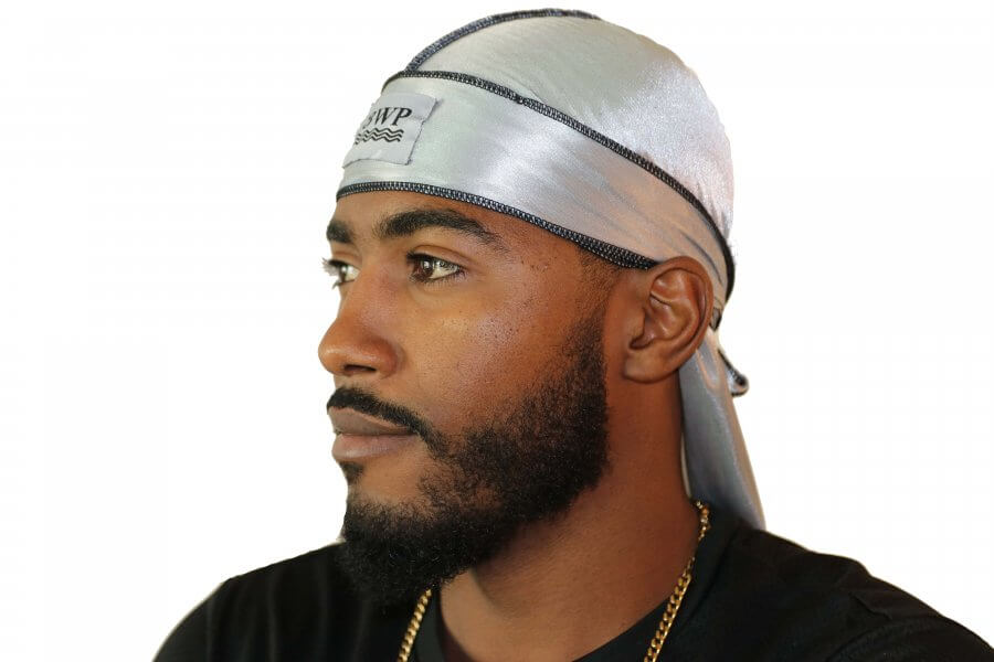 Silver 3WP Silky Durag with black stitching.